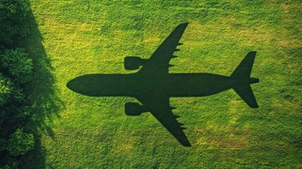 Airplane shadow on green field.