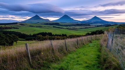 Fototapeta premium Scenic view of three majestic mountains at dusk, with a grassy path leading through lush fields