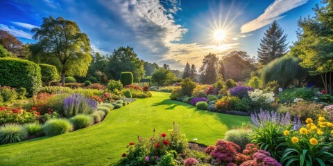 A Serene Landscape Featuring Lush Greenery and Vibrant Blooms Under a Sunny Sky