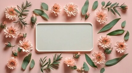 Obraz premium Floral arrangement with greenery and empty space studio setting photography aesthetic vibes top-down view nature inspiration