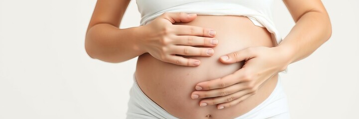 Pregnant Caucasian woman in her third trimester affectionately embracing her belly, showcasing the bond between mother and baby, affectionate, nurturing, maternal