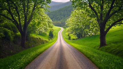 Fototapeta premium Winding country road through green hills. Peaceful countryside drive. Travel photography