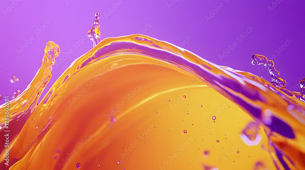 Wall mural purple and orange liquid splashing on a vibrant purple background creating dynamic abstract patterns