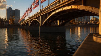 Naklejka premium Sunset view of a bridge adorned with flags, reflecting in calm water, city skyline in background