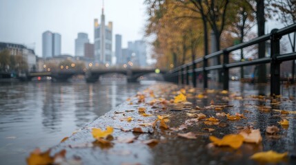Rainy autumn day by river in city