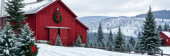 Rustic winter scene with traditional red barn, holiday decor, snow-covered trees, rolling hills, traditional, rustic, holiday decorations