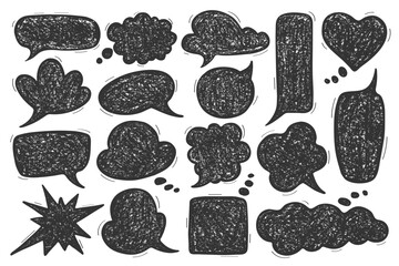Naklejka premium Crayon bubble speech set. Hand drawn grunge doodle speak elements created with a chalk or pencil texture. Sketch dialogue shapes for comics or childish design projects, vector illustration