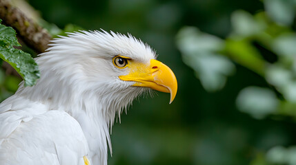 Obraz premium Majestic white bald eagle perched on branch, lush green foliage background; wildlife photography