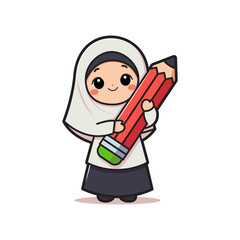 Cute Islamic Cartoon Illustration of a Happy Little Hijabi Girl Holding a Red Giant Pencil