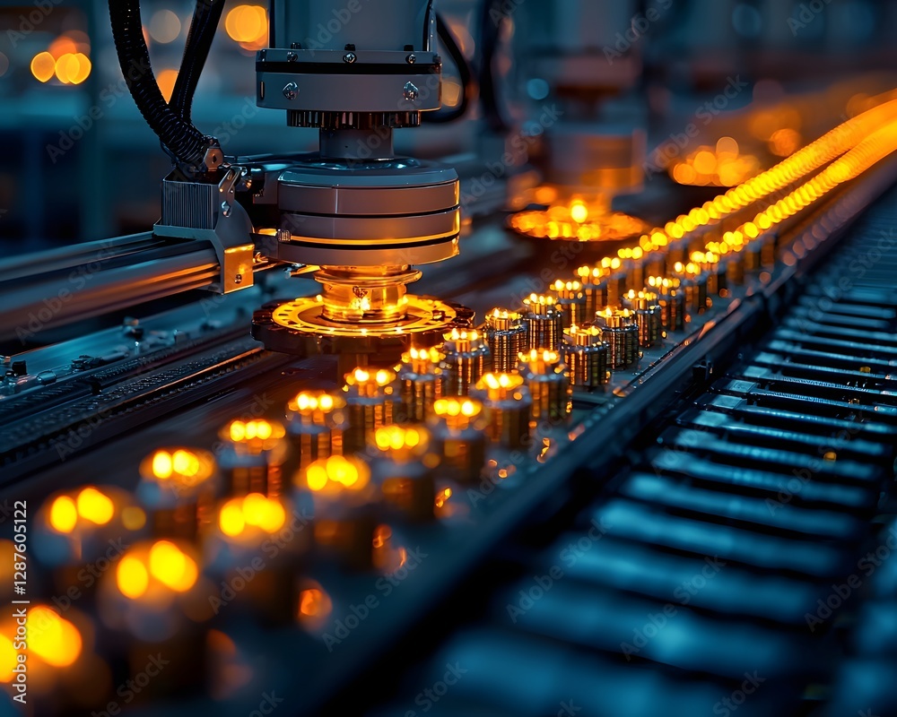 Poster glowing automated product assembly line in high tech factory for efficient distribution