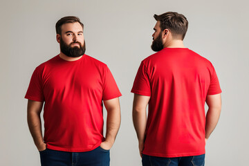 A plus-size male model wearing a red t-shirt, shown from both front and back perspectives, used as a design template mockup