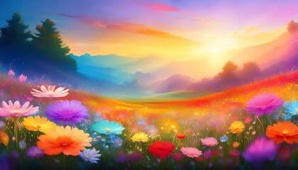 Beautiful field meadow flowers chamomile, blue wild peas in morning against blue sky with clouds, nature landscape, close-up macro. Wide format, copy space. Delightful pastoral airy artistic image.