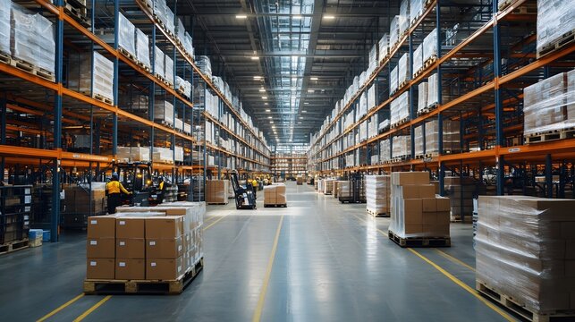 49. A high-tech warehouse with an automated inventory system and employees handling logistics.