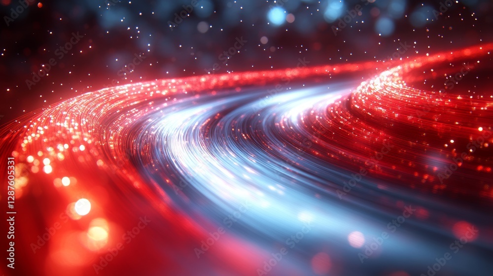 Poster Dynamic abstract image of swirling red and blue light trails with sparkling particles, futuristic motion. Energy and technology concept