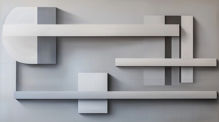 Abstract geometric painting in shades of gray and black, featuring intersecting lines and planes creating a sense of depth and architectural form.