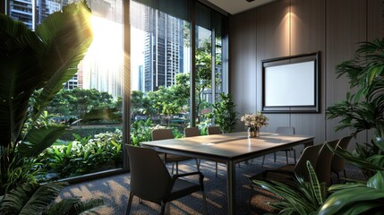 Fototapeta premium Modern conference room with large windows showcasing urban greenery and sunlight streaming in