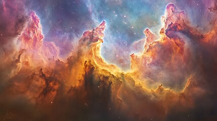 Naklejka premium Stunning cosmic clouds illuminated by vibrant colors in a vast universe, showcasing stellar formations