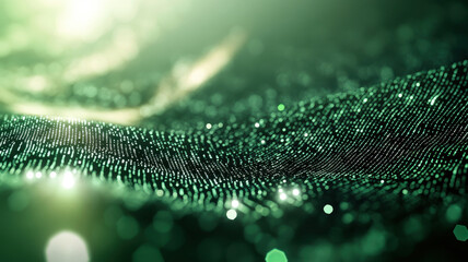Dynamic waves of disrupted binary code flow in green digital landscape, creating mesmerizing visual effect