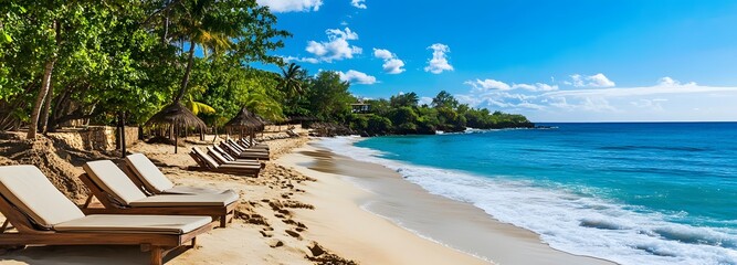 A luxury beach resort with sun loungers and ocean views