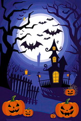 Fototapeta premium A Halloween scene with bats flying around a house and a large pumpkin patch