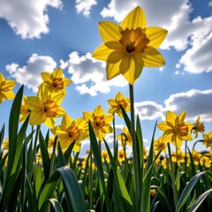 Fototapeta premium A vibrant field of bright yellow daffodils stretches towards a clear, sunlit sky, capturing the essence of a perfect spring day.