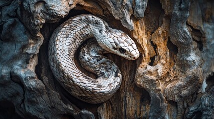 Obraz premium A detailed close-up of a snake intertwined with rustic wood. The textures are striking and captivating. Nature finds beauty in unexpected places. Generative AI