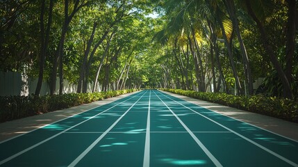 A vibrant running path surrounded by lush green trees in a serene environment.