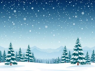 Naklejka premium snow-covered fir trees in a tranquil winter forest with mountains in the background under a sky filled with falling snowflakes, snowfall, sky, snow