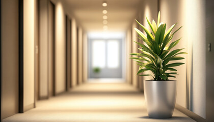 elegant hotel hallway featuring ambient lighting and decorative plant, creating serene atmosphere