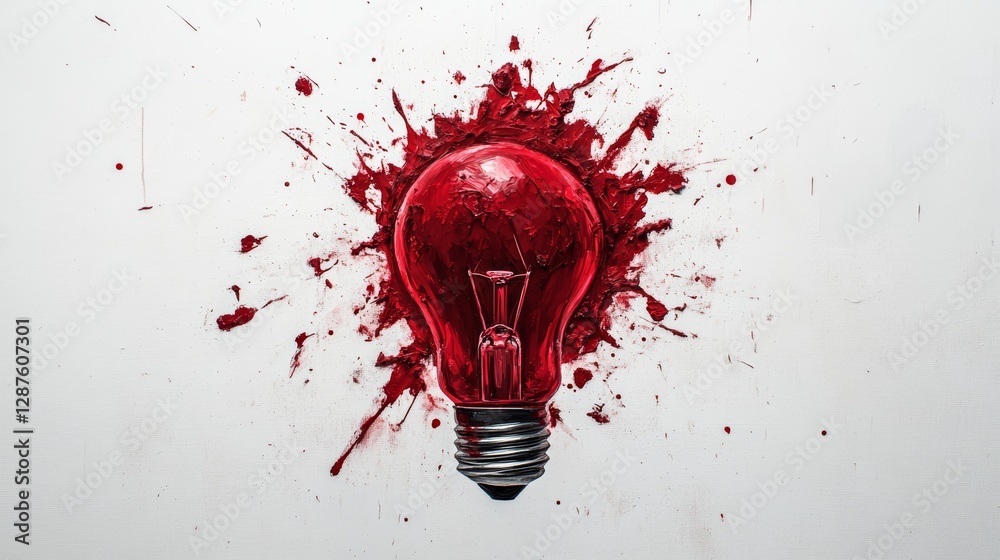 Poster Red painted light bulb splattering paint against a white background, symbolizing innovation and creativity. Artistic expression and abstract concept