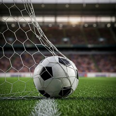 Naklejka premium A soccer ball hitting the back of a soccer net on a green field. soccer ball, net goal, football net, sports action, goal scored, ball hitting, game moment, soccer field, green pitch, sports photograp
