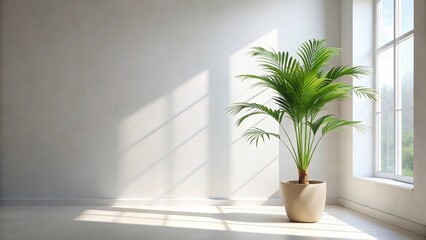 Serene Minimalist Interior Featuring a Lush Potted Palm Plant Basking in Sunlight Streaming Through a Window