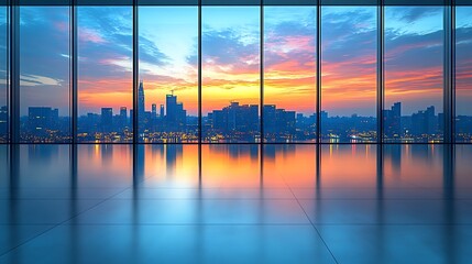 Sunset view from a modern office building showcasing a vibrant skyline with reflective floors