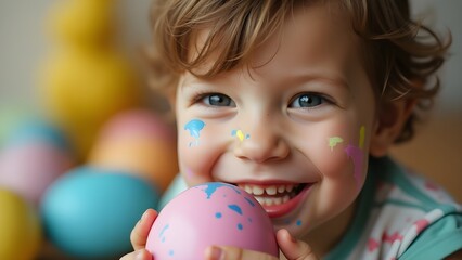 Fototapeta premium Happy family on Easter. Child having fun on Easter egg decoration and hunt.