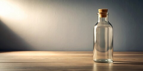 Empty glass bottle with cork stopper on wooden surface, illuminated by soft light against a neutral background.