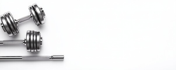 A sleek arrangement of silver dumbbells and a barbell on a white background, symbolizing fitness and strength training.