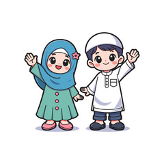 Cute Chibi Islamic Cartoon Illustration of Muslim Kids Waving Hello in Traditional Attire