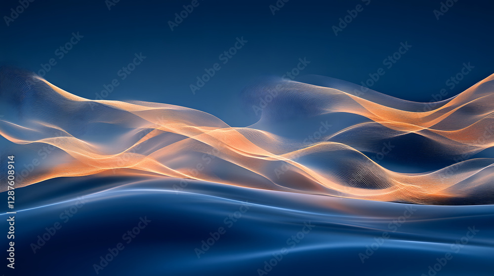 Poster blue background with waves and orange light creating a serene and calming atmosphere in abstract des