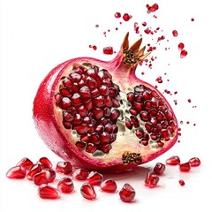 Juicy pomegranate with ruby-red juice bursting from its seeds isolated on white
