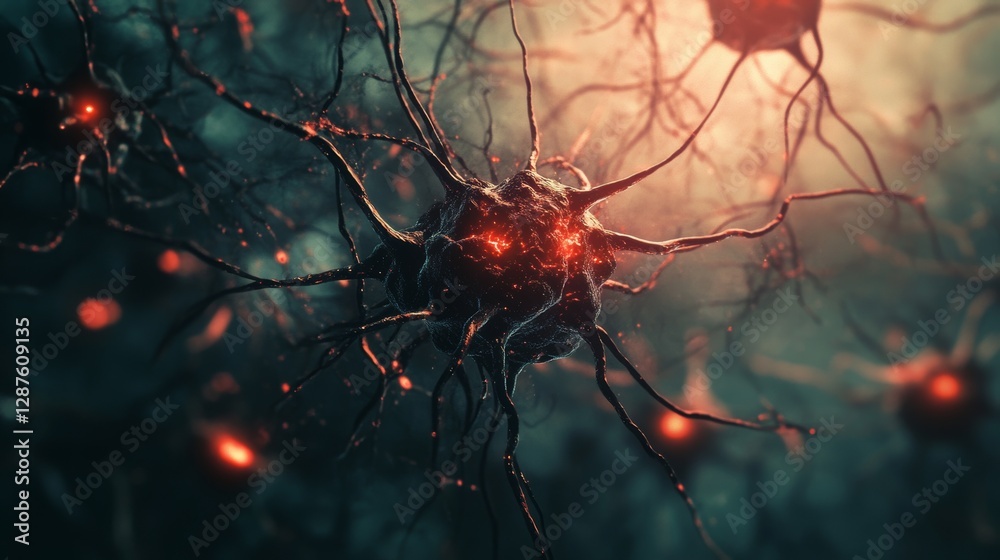 Aufkleber Neurons with glowing synapses and interconnected branches in dark green and orange ambient light. Neuroscience and brain activity concept