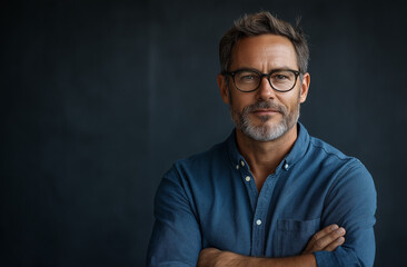 Obraz premium Confident Bearded Man in Glasses with Arms Crossed – Professional Portrait with Casual Blue Shirt, Isolated on White Background. Strong Expression, Sharp Focus, and Copy Space for Design Use