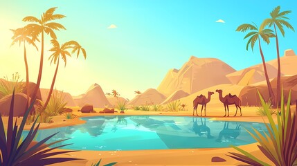 Obraz premium Oasis Desert Landscape Two Camels by a Tranquil Pool at Sunrise