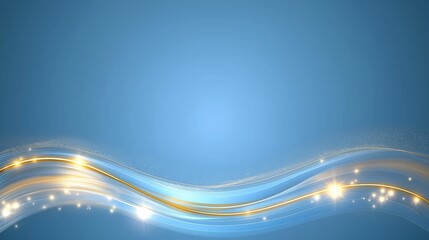Blue luxury background with golden line, blue curve, shiny dots and glitter light effect.