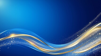 Blue luxury background with golden line, blue curve, shiny dots and glitter light effect.