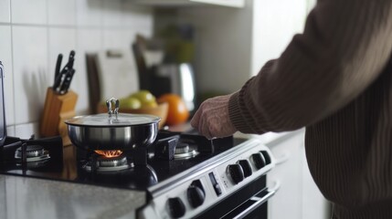 Dementia symptoms in a man forgetting to turn off the stove in a kitchen. Featuring memory loss and neglect