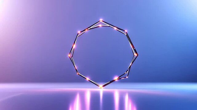 A glowing octagonal light structure stands on a reflective surface against a colorful backdrop