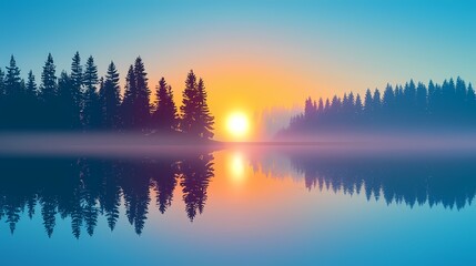 Fototapeta premium Serene Sunset Reflection Misty Lake with Silhouetted Pine Forest at Dawn