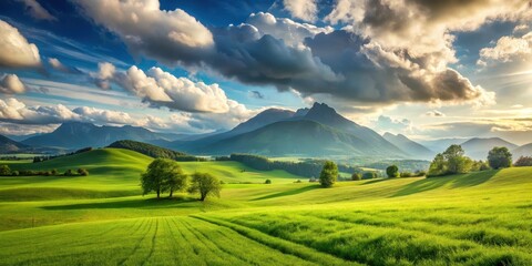 Obraz premium Serene landscape of rolling green hills and majestic mountains under a dramatic sky