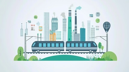 Naklejka premium Modern Cityscape with Train Industry and Technology Icons Urban Transportation and Smart City