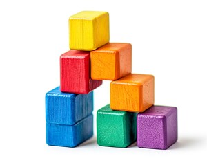 Colorful wooden blocks building a structure on white background